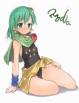  1girl blush cape character_name earrings error final_fantasy final_fantasy_iv flat_chest green_eyes green_hair jewelry leotard nagase_haruhito rydia simple_background solo thighs younger 