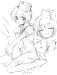  1girl barefoot bisuke-tan closed_eyes ever_17 graphite_(medium) hug kamiya_maneki kneeling monochrome open_mouth short_hair sitting sketch smile traditional_media wariza you 