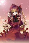  00s 1girl blonde_hair blue_eyes bonnet bow bowtie dress drill_hair expressionless green_bow green_bowtie kaida_michi long_hair long_sleeves red_dress rozen_maiden shinku sidelocks solo standing twin_drills twintails very_long_hair 