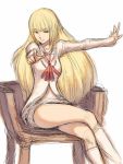  1girl blonde_hair emilie_de_rochefort foreshortening fumio_(rsqkr) legs_crossed long_hair namco outstretched_arm pointing pointing_at_viewer ribbon sitting sketch solo tekken thighs 