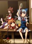  3girls arm_up barefoot blue_dress blue_eyes blue_hair bow brown_hair cirno dress feet female frog hakurei_reimu holding ibuki_suika ice ice_wings indoors long_hair lying mishima_hiroji multiple_girls on_stomach outdoors puffy_short_sleeves puffy_sleeves short_hair short_sleeves sitting sliding_doors smile socks tatami tea touhou veranda very_long_hair wings 