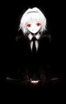  1girl albino archlich face female formal katana konpaku_youmu necktie original pant_suit red_eyes smile solo suit sword touhou weapon white_hair 