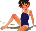  1girl barefoot blush feet one-piece_swimsuit one-piece_tan sasahara_yuuki school_swimsuit solo swimsuit tan tanline 