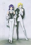  2girls absurdres akagi_ritsuko blonde_hair boots calendar cross curvy evangelion:_1.0_you_are_(not)_alone fukano_youichi gloves highres katsuragi_misato long_hair multiple_girls neon_genesis_evangelion pantyhose purple_hair rebuild_of_evangelion scan short_hair skin_tight spandex 