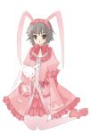  1girl :o alternate_costume animal_ears bangs bow bowtie brown_eyes cross-laced_clothes dress eyebrows eyebrows_visible_through_hair fake_animal_ears frills full_body grey_hair hairband heart heart_print holding_stuffed_animal kneeling long_sleeves looking_at_viewer mary_janes nagato_yuki noi pink_bow pink_bowtie pink_dress pink_legwear pink_shoes puffy_long_sleeves puffy_sleeves rabbit_ears shoes short_hair simple_background sleeves_past_wrists solo stuffed_animal stuffed_bunny stuffed_toy suzumiya_haruhi_no_yuuutsu white_background 