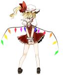  1girl arms_behind_back bare_legs crystal demon_wings dress female flandre_scarlet frills from_behind full_body hat loafers mob_cap own_hands_together puffy_short_sleeves puffy_sleeves red_dress shoes short_sleeves simple_background solo standing takaharu touhou v_arms white_background wings wrist_cuffs 