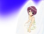  1girl alternate_costume angel_wings arm_support bangs breasts brown_eyes cleavage downblouse dress eyebrows eyebrows_visible_through_hair from_above gradient gradient_background looking_at_viewer nagato_yuki purple_hair short_hair sitting sleeveless sleeveless_dress small_breasts solo sundress suzumiya_haruhi_no_yuuutsu upper_body white_dress white_wings wings 