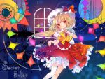  1girl asymmetrical_clothes blonde_hair bow colored_eyelashes crescent crescent_moon eyelashes female finger_to_mouth flandre_scarlet hat moon red_eyes side_ponytail single_thighhigh skirt skirt_hold solo star thigh-highs torii_sumi torn_clothes touhou wallpaper white_legwear wings 