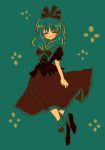  1girl :d ^_^ ^o^ bad_id blush_stickers bow closed_eyes dress female front_ponytail green_background green_hair hair_bow kagiyama_hina niji_(nijioki) open_mouth puffy_short_sleeves puffy_sleeves red_bow red_dress short_hair short_sleeves simple_background smile solo touhou 