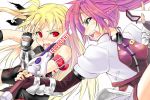  2girls armlet battle black_gloves blonde_hair blush boshinote breasts buckle capelet elbow_gloves eye_contact fate_testarossa gauntlets gloves green_eyes hits holding holding_sword holding_weapon levantine looking_at_another lyrical_nanoha mahou_shoujo_lyrical_nanoha mahou_shoujo_lyrical_nanoha_a&#039;s multiple_girls pink_hair red_eyes signum sword upper_body weapon 