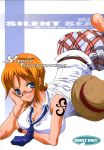 1girl ass breasts chiro_(youkai_tamanokoshi) cleavage collared_shirt cover cover_page glasses hat highres huge_breasts lying nami_(one_piece) necktie on_stomach one_piece orange_hair plaid plaid_skirt shirt short_hair skirt sleeveless solo straw_hat tattoo white_shirt 