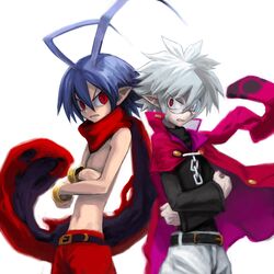  2boys albino belt blue_hair bracelet cape crossed_arms disgaea glasses jewelry kuroi laharl makai_senki_disgaea_3 male_focus mao_(disgaea) multiple_boys pointy_ears red_eyes round_glasses scarf shirt shirtless slit_pupils trait_connection white_background white_hair 