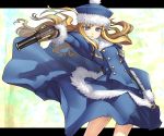  1girl aiming arm_at_side armor atlus blonde_hair blue_eyes blue_hat blue_skirt brown_gloves double-breasted floating_hair fur_trim gloves gun gunner handgun hat legs_apart letterboxed long_hair long_sleeves looking_at_viewer outstretched_arm pom_pom_(clothes) sekaiju_no_meikyuu skirt skirt_lift skirt_set solo tagme tanaka_shoutarou upper_body weapon 