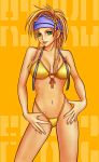  00s 1girl bikini blonde_hair braid final_fantasy final_fantasy_x final_fantasy_x-2 green_eyes headband highleg highleg_bikini highleg_swimsuit orange_background rikku solo suhara_(protea) swimsuit yellow_bikini 