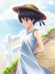  antenna_hair black_hair dress hat idolmaster kikuchi_makoto kisugi kisugi_akira ocean short_hair sun_hat sundress white_dress 
