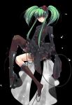  1girl asymmetrical_clothes bad_id black_background brown_eyes c.c. code_geass flower full_body green_hair hair_flower hair_ornament red_rose rose single_shoe single_thighhigh solo thigh-highs twintails yukian 