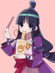  1girl ayasato_mayoi bad_id capcom chopsticks eating food gyakuten_saiban half_updo magatama noodles pink_background ramen ramen solo tensugi_takashi 
