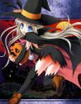  1girl absurdres arm_warmers bat_wings black_legwear blue_eyes buttons cape fang halloween hat hat_ribbon highres huge_filesize jack-o&#039;-lantern large_buttons little_busters!! long_hair na-ga noumi_kudryavka oversized_button pocket_watch pumpkin ribbon silver_hair solo thigh-highs watch wings witch_hat 