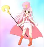  1girl ? benesse boots cape hat hatena_yousei kimishima_ao pink_hair pink_hat solo staff 