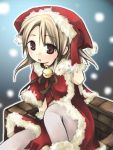  1girl bell blonde_hair capelet christmas lowres original outdoors santa_costume snow solo 