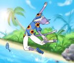  +_+ 00s 1boy cat dutch_angle fish jumping male_focus neko-sensei palm_tree princess_tutu sandals solo tree water 