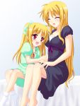  2girls :d ^_^ ^o^ alicia_testarossa barefoot bed bed_sheet blonde_hair bow breasts cleavage closed_eyes fate_testarossa grey_background hair_bow large_breasts long_hair lyrical_nanoha mahou_shoujo_lyrical_nanoha mahou_shoujo_lyrical_nanoha_strikers multiple_girls on_bed open_mouth red_eyes saki_chisuzu siblings simple_background sisters smile socks time_paradox twintails very_long_hair white_legwear 