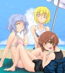  3girls beach bikini blonde_hair blue_hair brown_hair female lowres lunasa_prismriver lyrica_prismriver merlin_prismriver multiple_girls oekaki one-piece_swimsuit school_swimsuit short_hair siblings sisters swimsuit touhou 