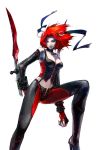  1girl bare_shoulders blood bloodrayne bloodrayne_(videogame) choker dhampir elbow_gloves fingerless_gloves gloves green_eyes halter_top halterneck high_heels jewelry leather leather_armor navel redhead shoes solo sword thigh-highs weapon 
