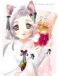  00s 1girl 2007 animal_ears bangs blunt_bangs bob_cut brown_eyes capelet cat_ears cat_tail holding japanese_clothes kamiya_maneki kimono looking_at_viewer open_mouth silver_hair smile snowflakes solo tail tareme upper_body watermark web_address 