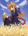  animal_ears brown_hair holo long_hair nekohane_ryou red_eyes spice_and_wolf tail wheat wolf_ears 