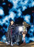  00s 2girls biker_clothes bikesuit clouds fujino_shizuru gonbee ground_vehicle kuga_natsuki long_hair motor_vehicle motorcycle multiple_girls my-hime night night_sky school_uniform serafuku sky vehicle 