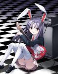  1girl amplifier animal_ears b.k. bad_id blazer checkered checkered_floor electric_guitar female floor guitar ichikura_(bk) instrument jacket panties pantyshot pantyshot_(sitting) perspective pleated_skirt rabbit_ears reisen_udongein_inaba sitting skirt solo thigh-highs touhou underwear white_legwear 