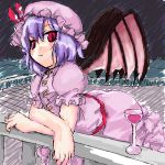  1girl bat_wings dress fang female foreshortening glass hands hat kt2 lowres oekaki outdoors purple_hair red_eyes remilia_scarlet sky smile solo touhou wings 