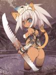  1girl animal_ears ass bad_id blade blade_(galaxist) blue_eyes blush breasts cat_ears cat_tail cham_cham double-blade erect_nipples looking_back medium_breasts petite samurai_spirits solo tail wading weapon white_hair 