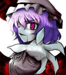  1girl bad_id blood cellphone claws crazy_eyes dress face female frills looking_at_viewer outstretched_arms phone pink_dress pink_eyes purple_hair remilia_scarlet short_hair simple_background solo touhou uousa-ou upper_body white_background 