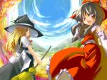  2girls :d apron ascot black_dress blonde_hair blue_sky bow brooch brown_eyes brown_hair collar cowboy_shot detached_sleeves dress female hair_bow hakurei_reimu hat holding jewelry kirisame_marisa long_sleeves looking_at_viewer multiple_girls neki-t open_mouth red_bow red_eyes red_skirt skirt sky smile touhou vest waist_apron witch_hat 