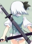  1girl bottomless female katana konpaku_youmu no_pants panties sheath sheathed short_hair solo sword touhou underwear weapon white_hair white_panties yamano_sachi 