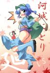  2girls ass backpack bag blue_eyes blue_hair blush boots cattail character_name female fundoshi gohei hakurei_reimu kawashiro_nitori key leaf multiple_girls ofuda plant randoseru toto_nemigi touhou twintails wardrobe_malfunction 