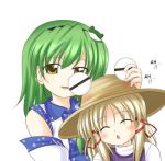  2girls blonde_hair closed_eyes detached_sleeves female green_hair hair_ribbon hat kochiya_sanae lowres makino_(ukiuo) minami-ke moriya_suwako multiple_girls open_mouth parody pyonta red_ribbon ribbon touhou yellow_eyes 