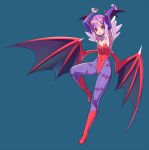  1girl armpits bad_id bat_print bat_wings capcom demon_girl elbow_gloves flat_chest gloves head_wings jumping lilith_aensland pantyhose patterned_legwear print_legwear purple_hair purple_legwear red_eyes red_shoes shoes solo succubus tensugi_takashi vampire_(game) wings 