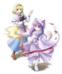  2girls alice_margatroid blonde_hair book female hair_ornament hair_ribbon hairband hashiyamoto hat long_hair magic multiple_girls patchouli_knowledge purple_hair ribbon short_hair touhou violet_eyes yellow_eyes 