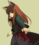  1girl animal_ears green_background holo loo simple_background solo spice_and_wolf wolf_ears 