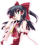  1girl :o ascot black_hair blue_eyes blush bow detached_sleeves female frills hair_bow hakurei_reimu long_sleeves looking_afar mountain_of_faith parted_lips red_bow red_skirt simple_background skirt solo touhou upper_body vest white_background 