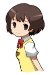  1girl bow bowtie brown_eyes brown_hair emblem imaizumi_teruhiko kaminagi_ryouko looking_at_viewer puffy_short_sleeves puffy_sleeves red_bow red_bowtie shirt short_sleeves simple_background smile solo sweater_vest upper_body white_background white_shirt zegapain 