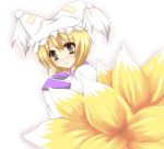  1girl :o animal_ears blonde_hair blush dress eyebrows eyebrows_visible_through_hair female fox_ears hat kazumi_yoshizu long_sleeves looking_at_viewer multiple_tails ofuda parted_lips pillow_hat short_hair smile solo tail tassel touhou upper_body white_background white_dress wide_sleeves yakumo_ran 