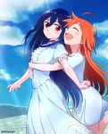  2girls :d ^_^ blush_stickers choker closed_eyes clouds commentary day dress flip_flappers frills hug hug_from_behind long_hair looking_at_another mimi_(flip_flappers) multiple_girls niina_ryou open_mouth orange_hair papika_(flip_flappers) smile spoilers twitter_username very_long_hair violet_eyes white_dress 