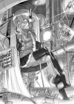  1girl android caffein hatsune_miku legs_crossed monochrome robot sitting solo thigh-highs vocaloid 