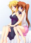  2girls :o barefoot bed bed_sheet black_dress blonde_hair blush breasts casual cleavage dress fate_testarossa hug hug_from_behind large_breasts long_hair looking_to_the_side lyrical_nanoha mahou_shoujo_lyrical_nanoha mahou_shoujo_lyrical_nanoha_strikers multiple_girls on_bed open_mouth parted_lips puffy_short_sleeves puffy_sleeves saki_chisuzu short_sleeves side_ponytail sitting surprised takamachi_nanoha thighs toes very_long_hair yuri 