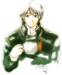  00s 1boy 2002 ascot cup ginga_eiyuu_densetsu male_focus military military_uniform smile solo tea uniform white_background yang_wen-li 