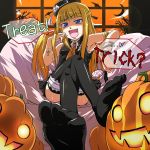  1girl black_legwear candy cross english evangeline_a_k_mcdowell fang feet flat_chest halloween jack-o&#039;-lantern jpeg_artifacts legs_crossed lollipop long_hair looking_at_viewer mahou_sensei_negima! natsumi_akira no_shoes open_mouth pumpkin raised_eyebrow sitting soles solo swirl_lollipop thigh-highs toes trick_or_treat uneven_eyes vampire window 